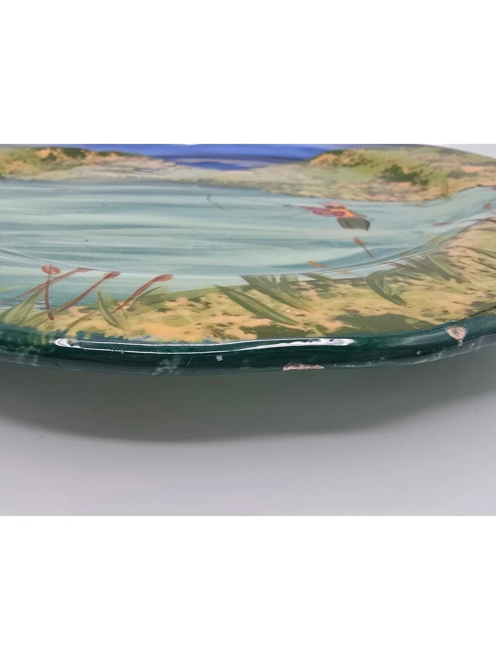 Vintage LESAL Hand Painted Fly Fishing Landscape Art Pottery Plate